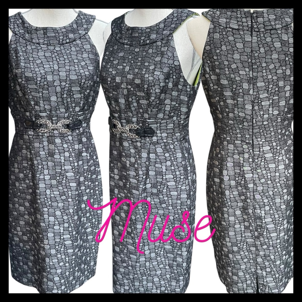 Muse Black/Silver Grey Textured Sleeveless Halter Midi Sheath Dress (10)